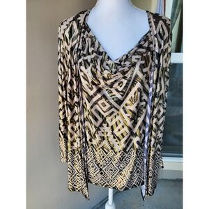 Onyx Nite 2 In‎ 1 Blouse Sequin Cardigan Womens 1X Black Tan Geometric Cowl Neck